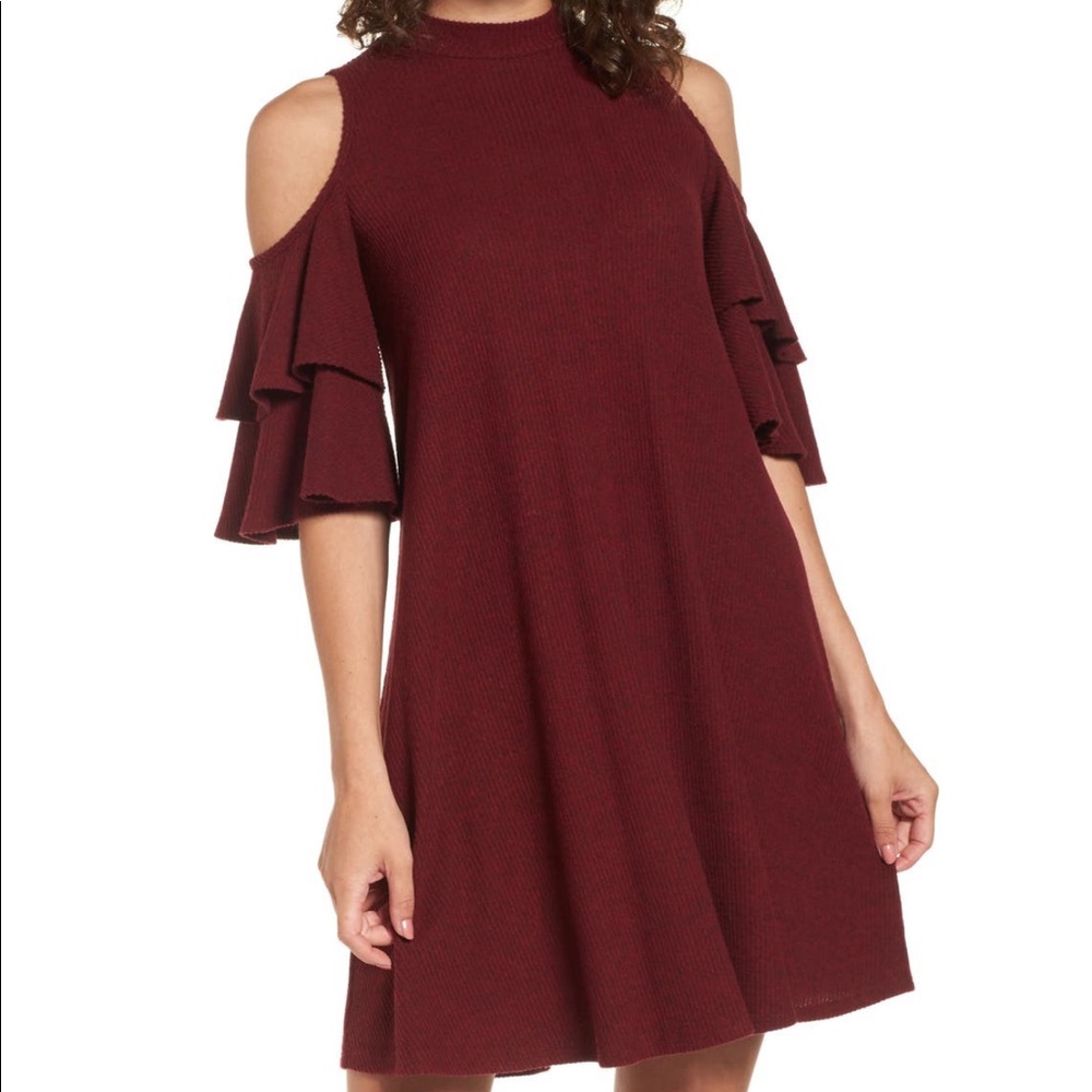 Soprano Maroon Cold Shoulder Ruffle Sleeve Dress